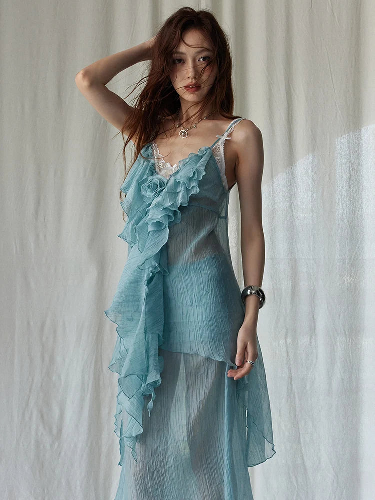 Green Ruffles Tank Top and Skirt Two Pieces Suit