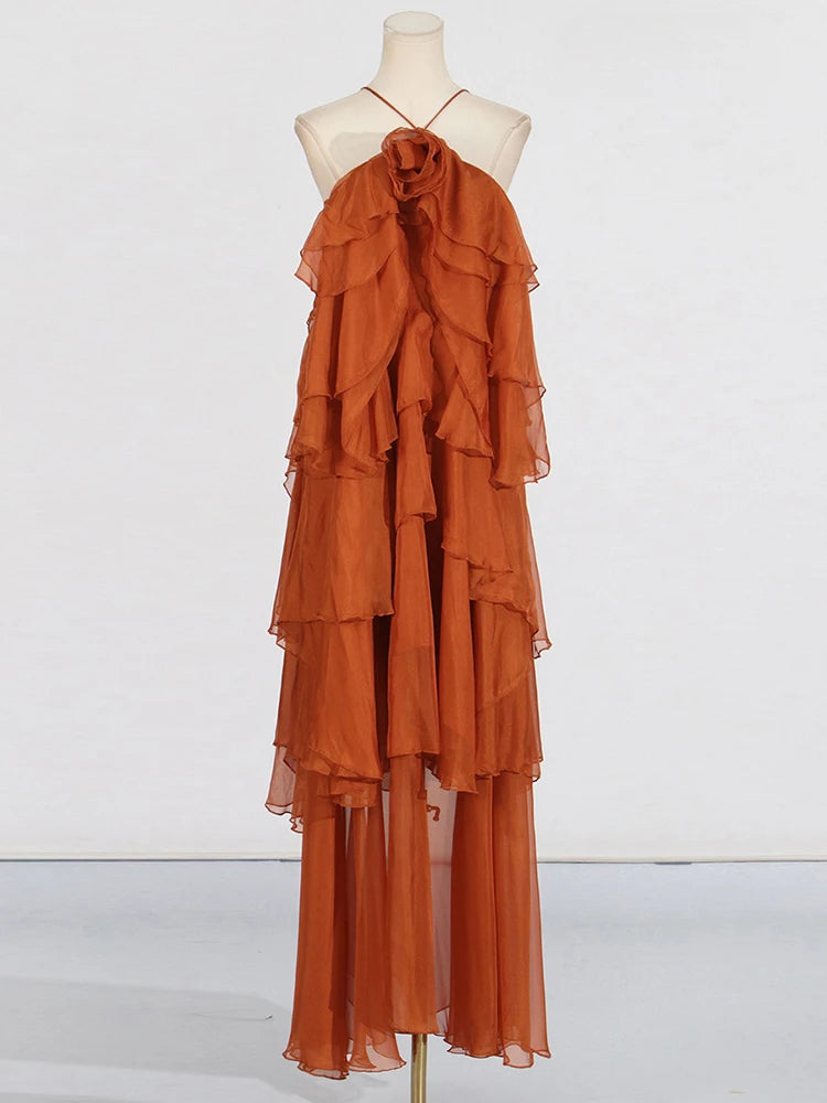 Flower Ruffles Backless Elegant Dress