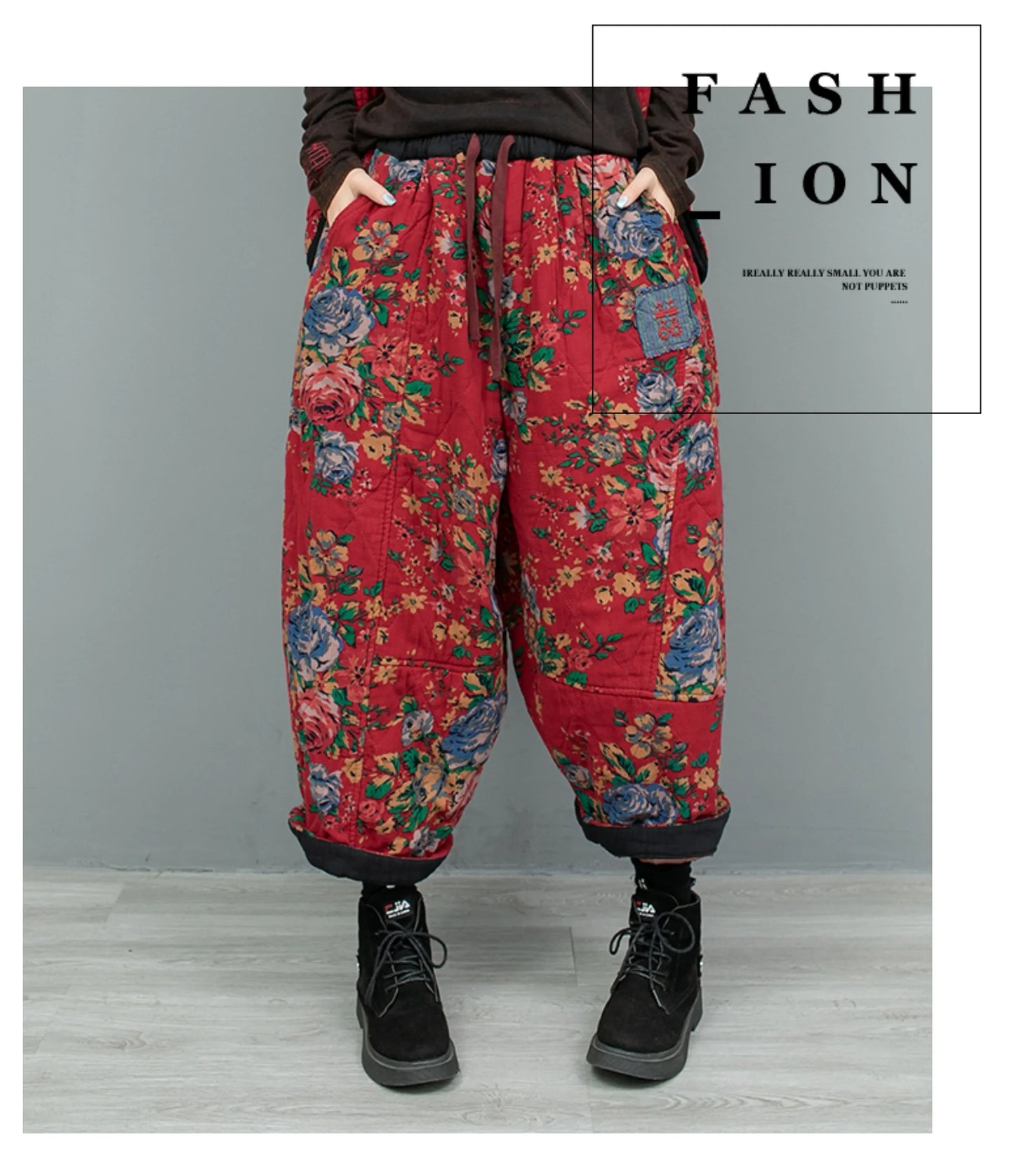 2PCS Chinese Style Floral Print Padded Clothing Set Plus Size Winter Thick Pants Suit Long Style Sleeveless Coat +Trousers
