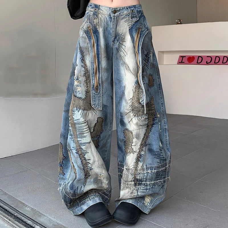 Blue Moon Fashion Loose Jeans High Waist Wide Leg Embroidery Distressed