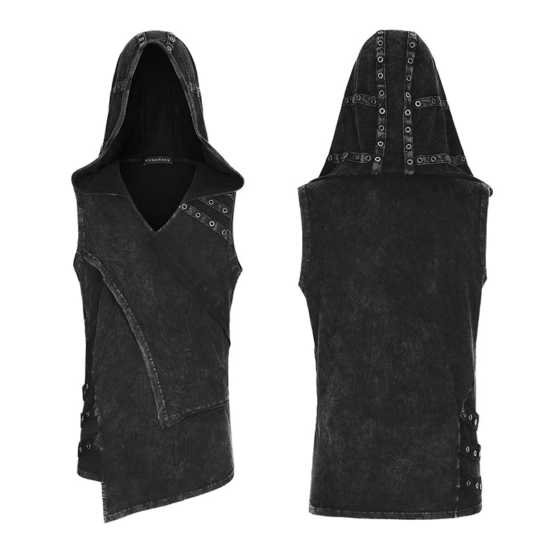 Men's Elastic Knitted Hooded Black Tank