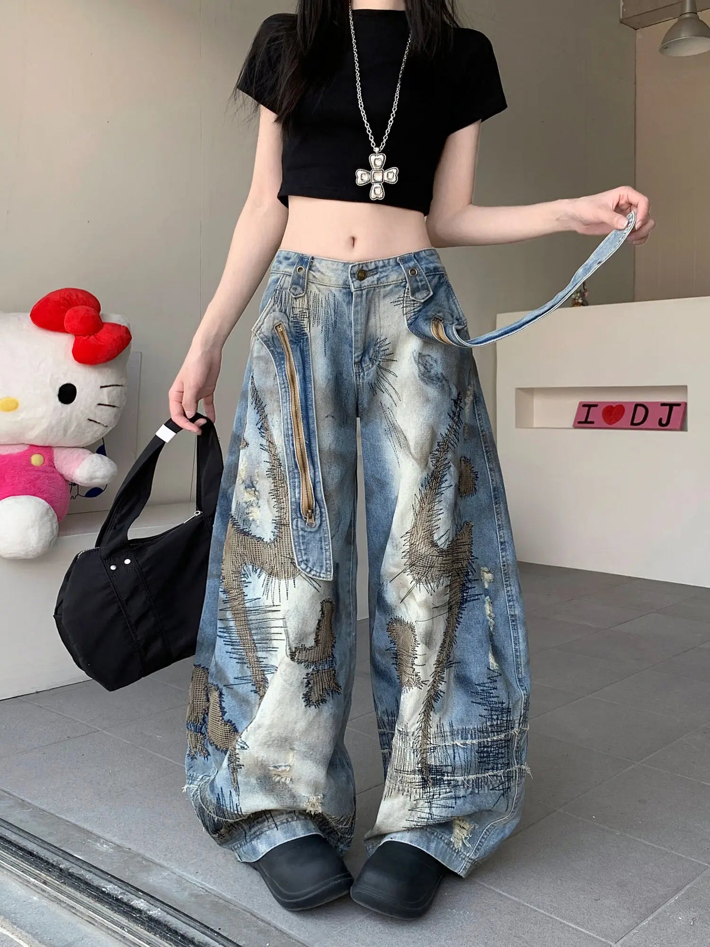 Blue Moon Fashion Loose Jeans High Waist Wide Leg Embroidery Distressed