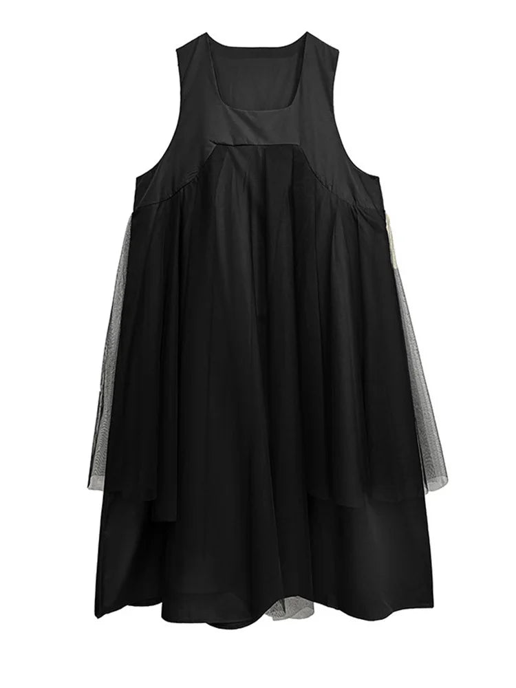 Blue Moon Fashion Gray Mesh Color-block Big Size Midi Vest Dress