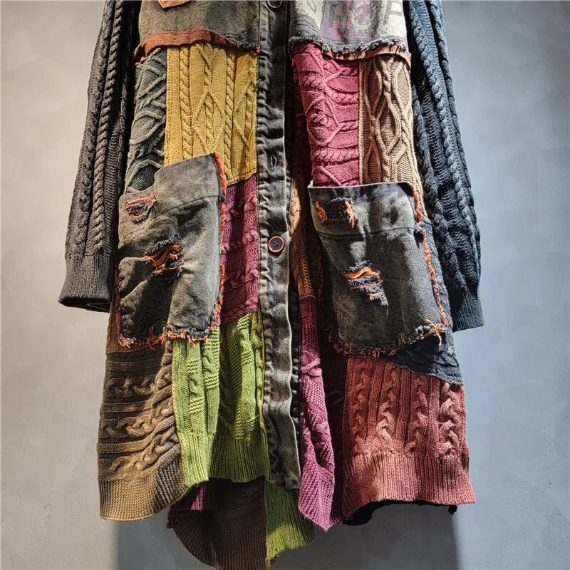 Blue Moon Fashion Patchwork Contrast Color Knit Denim Long Jacket