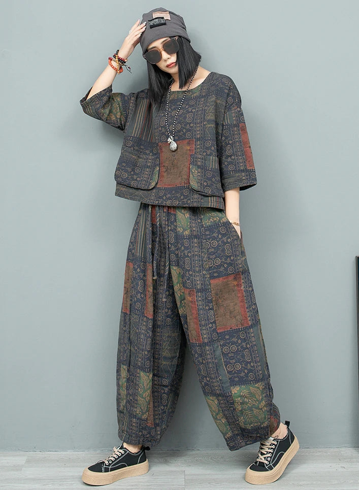 Blue Moon Fashion Ethnic Style Literary Print Two-piece Set