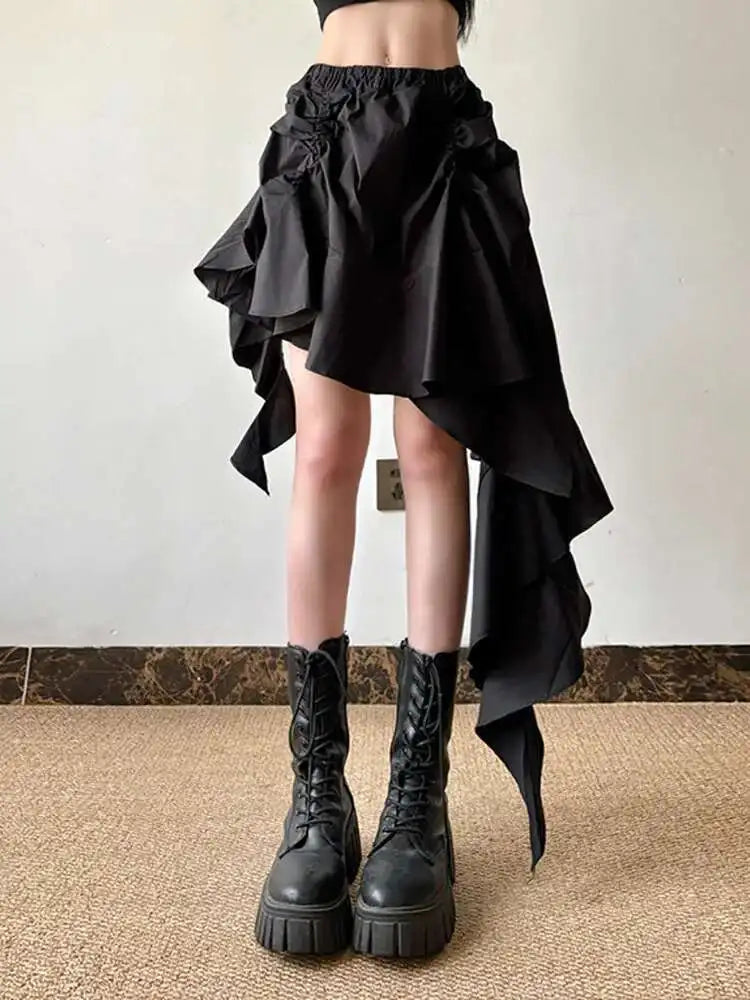 Black KN Irregular Design Ruffles Skirt