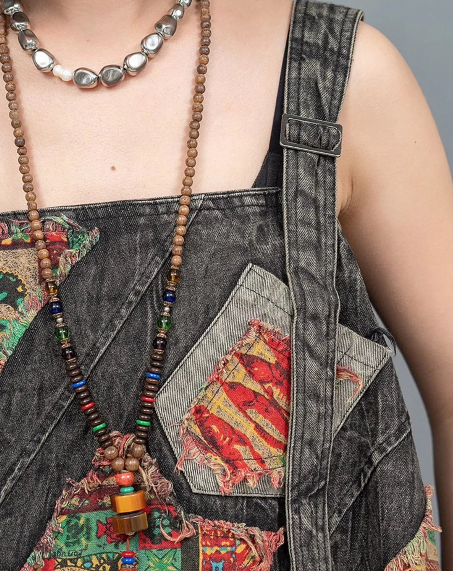 Blue Moon Fashion Vintage Style Printed Denim Vest Wide-leg Trousers Two-piece Set