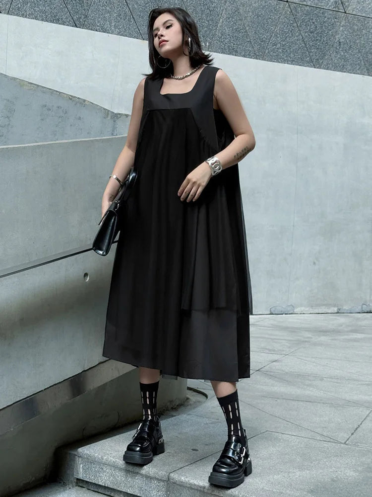 Blue Moon Fashion Gray Mesh Color-block Big Size Midi Vest Dress