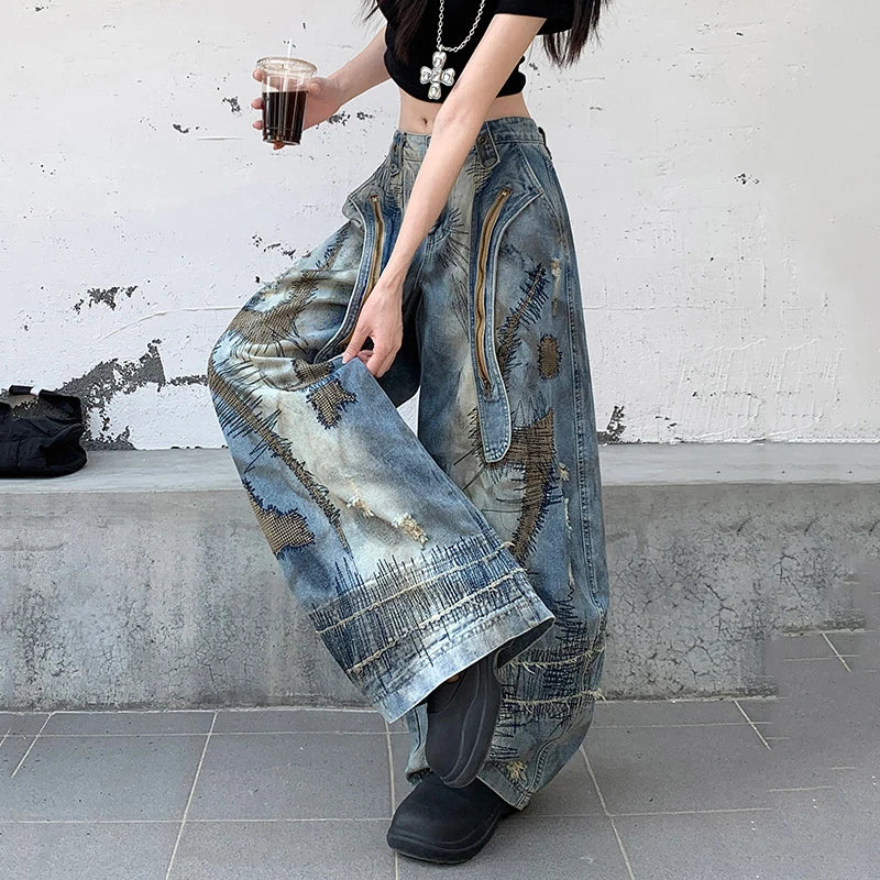 Blue Moon Fashion Loose Jeans High Waist Wide Leg Embroidery Distressed