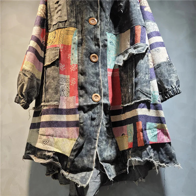 Blue Moon Fashion Irregular Patchwork Print Knit Hooded Denim Long Coat