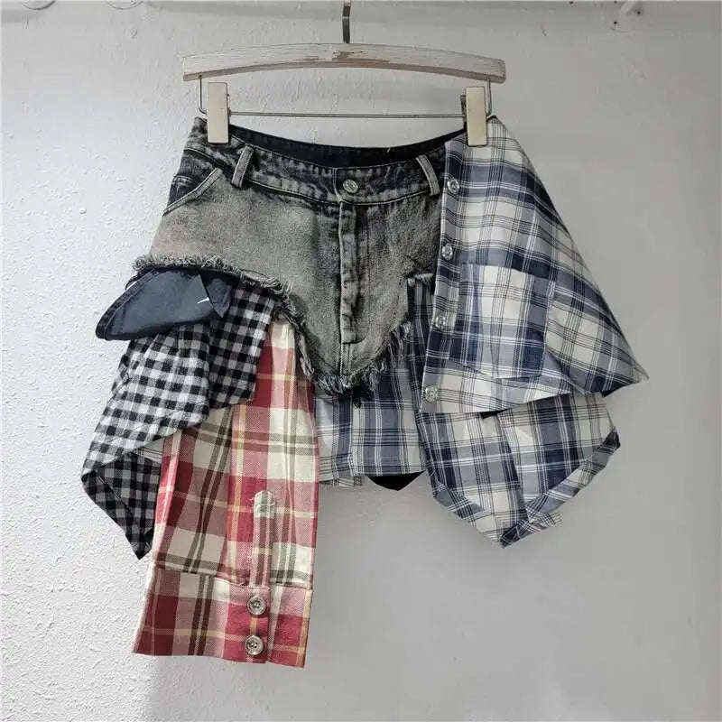 Blue Moon Fashion Patchwork Plaid Button Design Denim Skirts