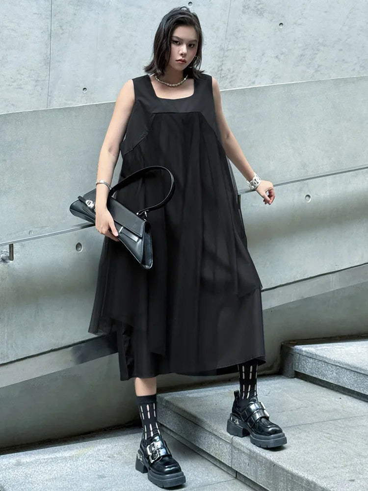 Blue Moon Fashion Gray Mesh Color-block Big Size Midi Vest Dress