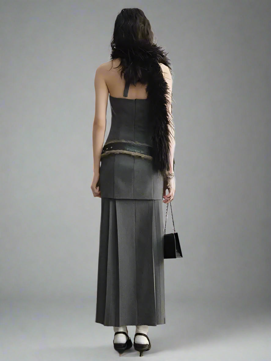 Blue Moon Fashion Tira Leather Hem Pleated Wool Belt Dress