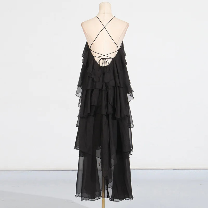 Flower Ruffles Backless Elegant Dress