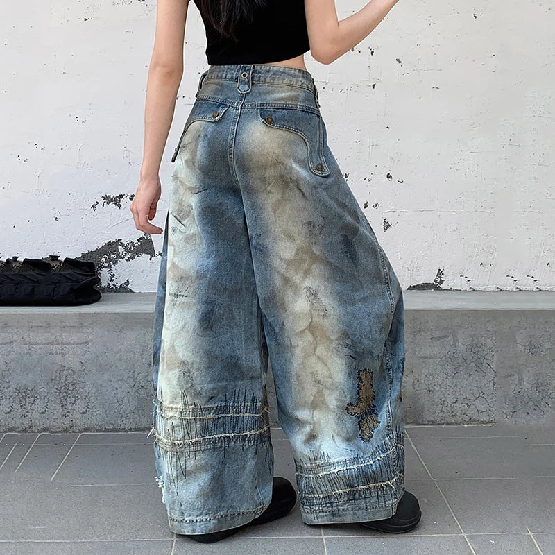 Blue Moon Fashion Loose Jeans High Waist Wide Leg Embroidery Distressed