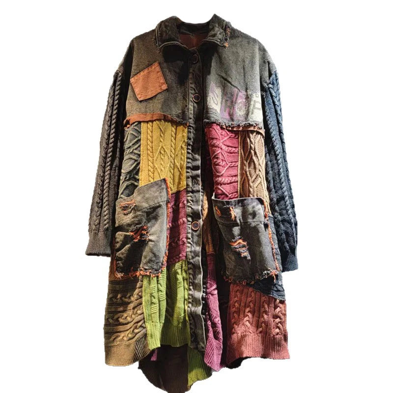 Blue Moon Fashion Patchwork Contrast Color Knit Denim Long Jacket