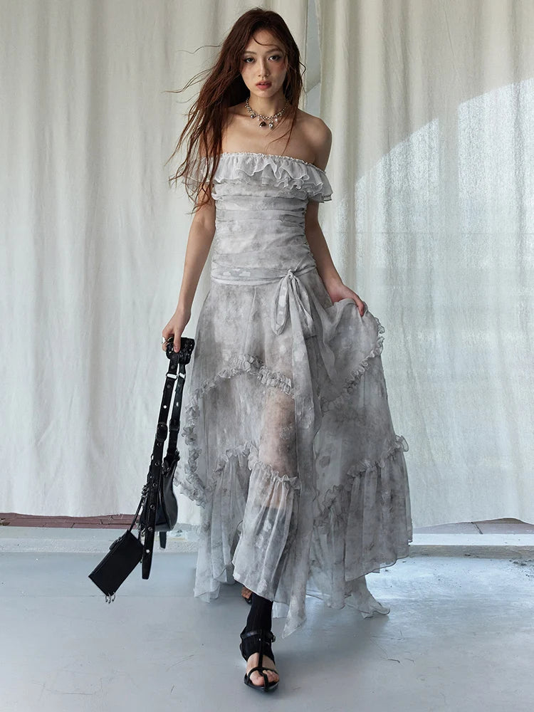 Light Gray Printed Ruffles Elegant Long Dress