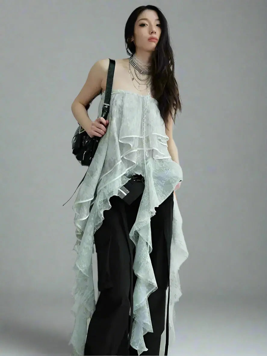Light Gray Irregular Ruffles Tank Tops Blue Moon Fashion House