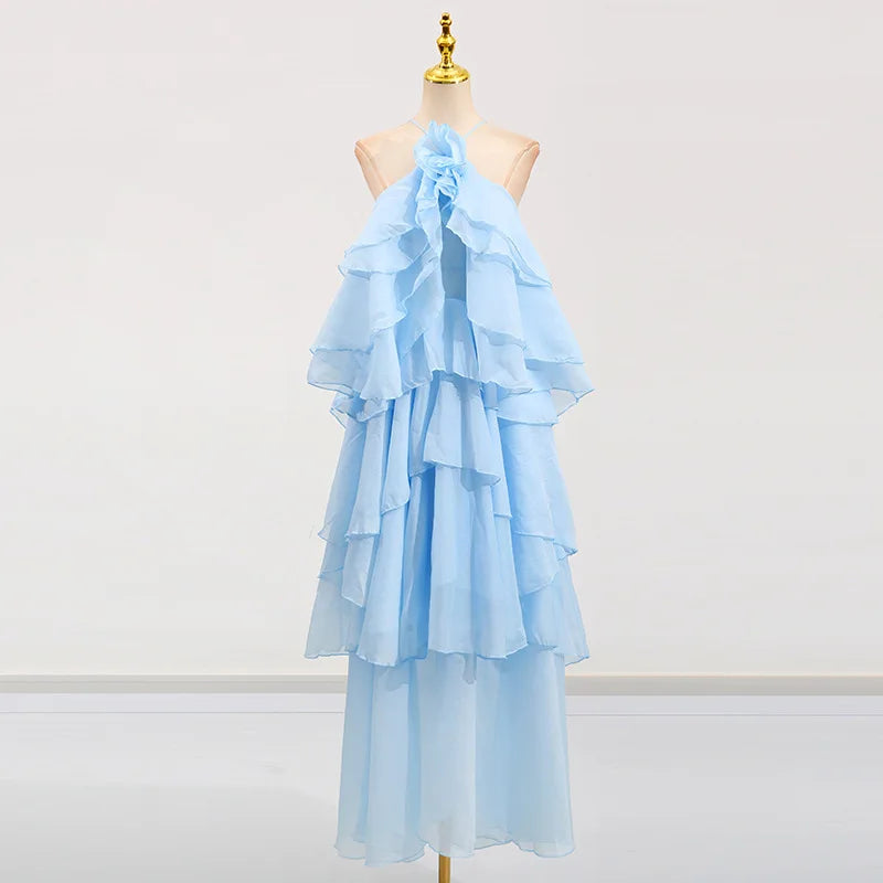 Flower Ruffles Backless Elegant Dress