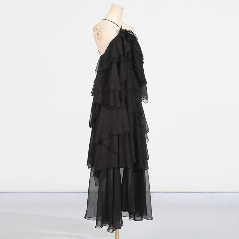 Flower Ruffles Backless Elegant Dress