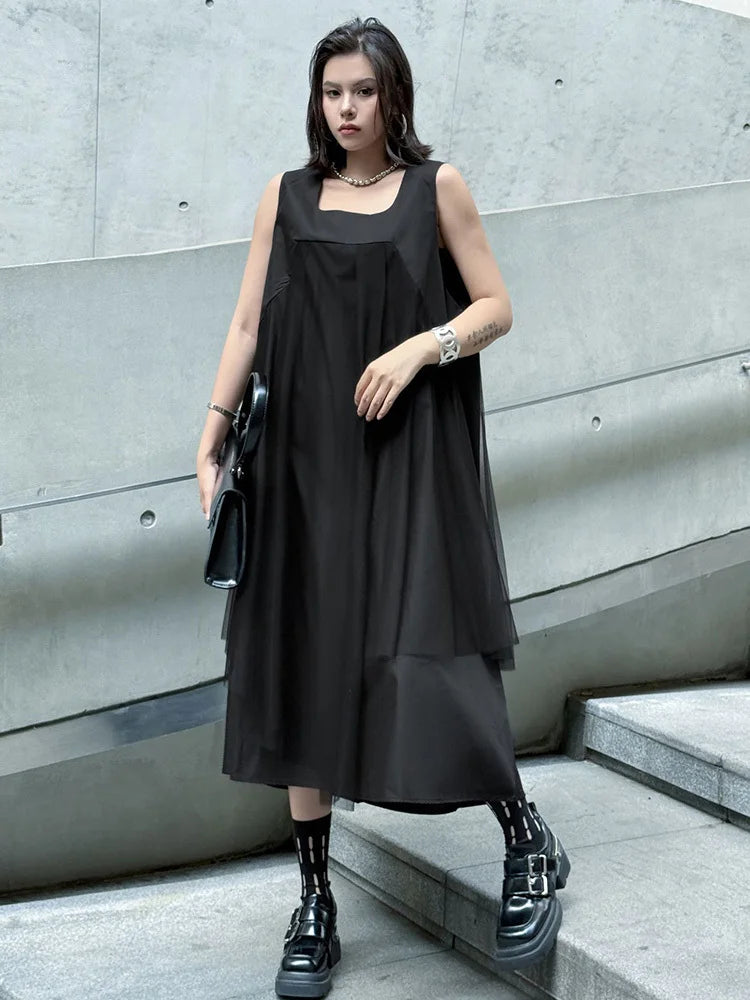 Blue Moon Fashion Gray Mesh Color-block Big Size Midi Vest Dress