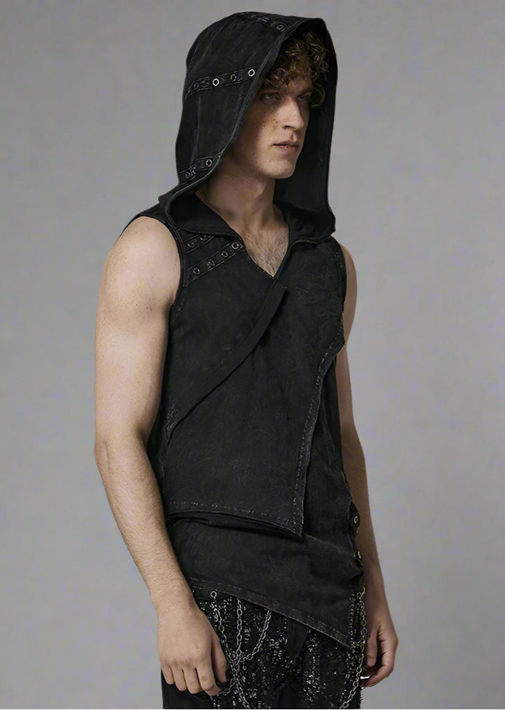 Men's Elastic Knitted Hooded Black Tank