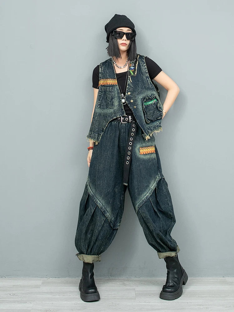 Blue Moon Fashion New Retro Ethnic Style Embroidery Denim Two-piece Set