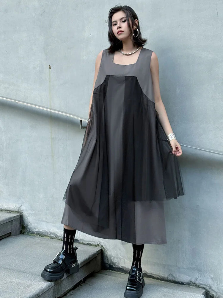 Blue Moon Fashion Gray Mesh Color-block Big Size Midi Vest Dress