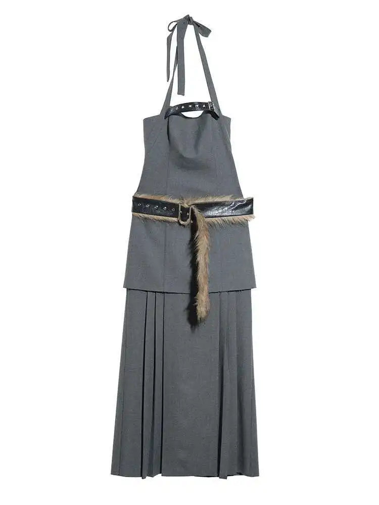 Blue Moon Fashion Tira Leather Hem Pleated Wool Belt Dress