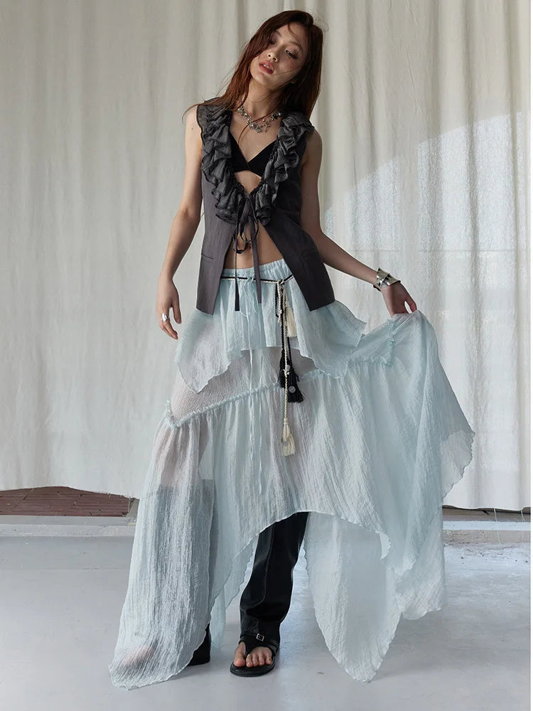 Gray Ruffles Vest & Skirt Set for Women | Blue Moon Fashion House