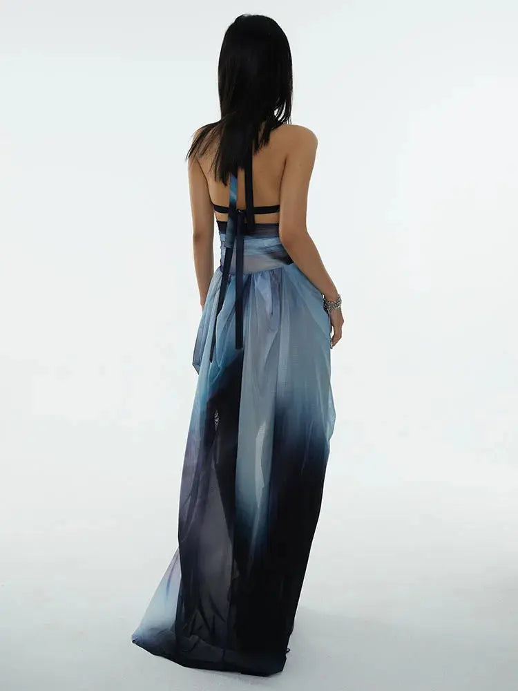 Furla Dress, Black Blue Printed Backless Dress Blue Moon Fashion House