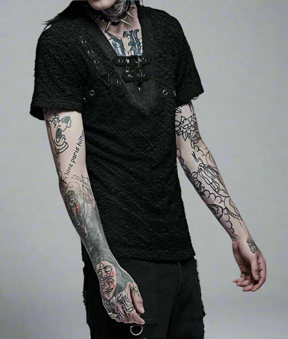Men's Gothic Daily Personality Stylish Mesh V-neck Short Sleeve T-shirt