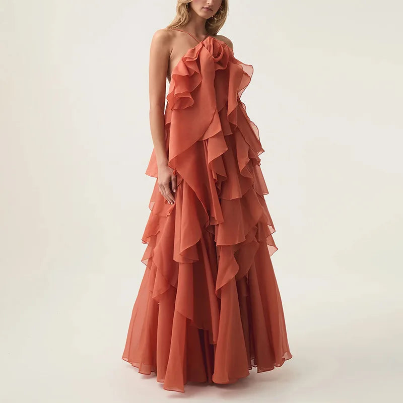 Flower Ruffles Backless Elegant Dress