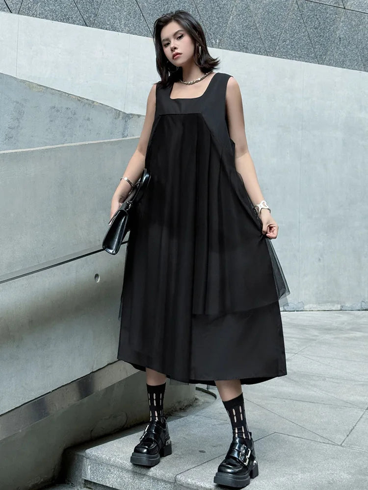 Blue Moon Fashion Gray Mesh Color-block Big Size Midi Vest Dress
