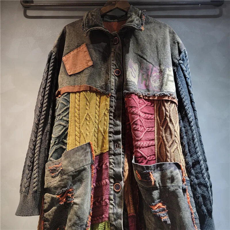 Blue Moon Fashion Patchwork Contrast Color Knit Denim Long Jacket