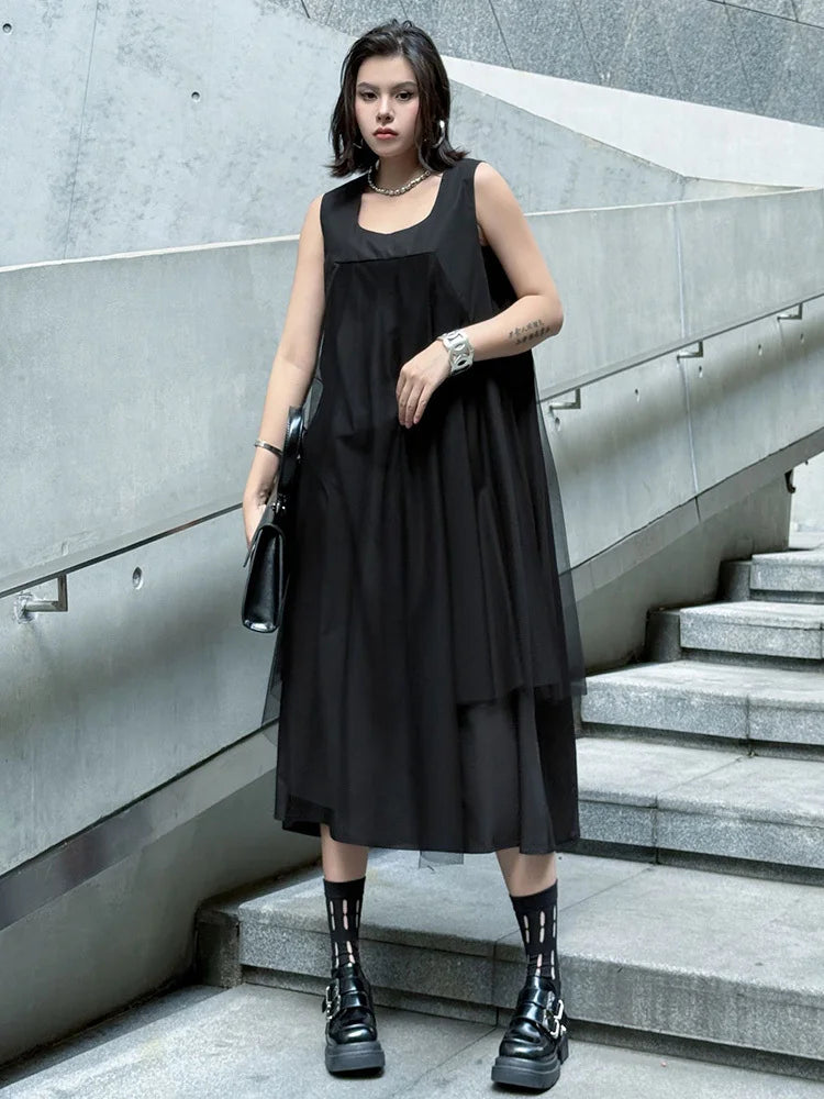 Blue Moon Fashion Gray Mesh Color-block Big Size Midi Vest Dress