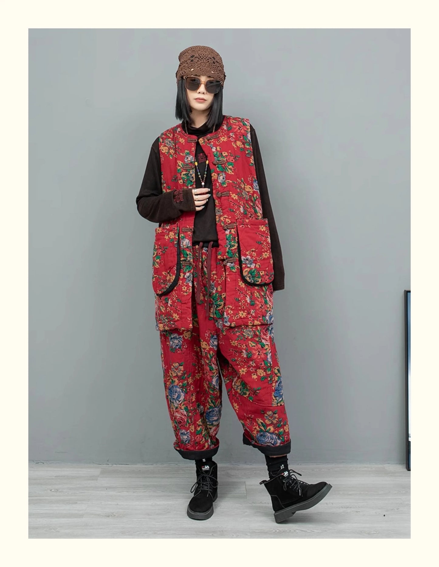 2PCS Chinese Style Floral Print Padded Clothing Set Plus Size Winter Thick Pants Suit Long Style Sleeveless Coat +Trousers