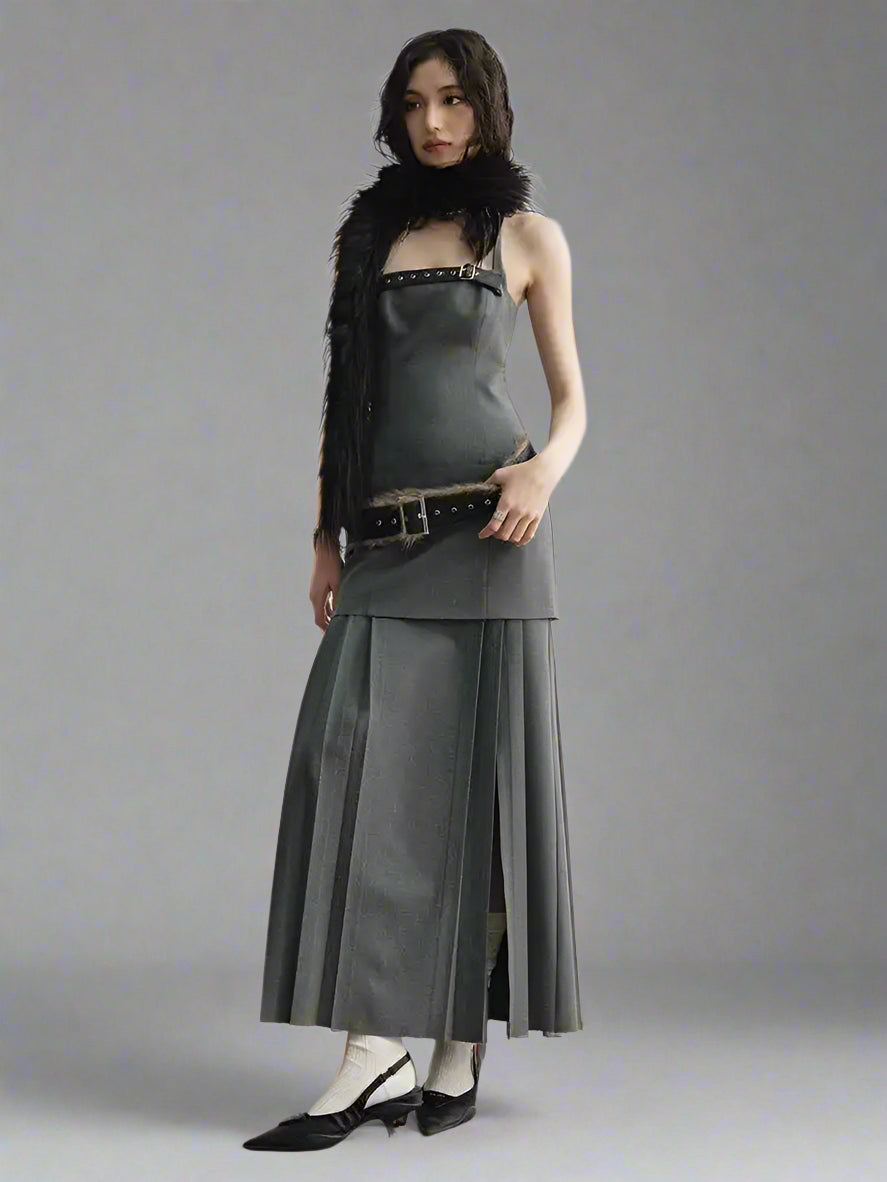Blue Moon Fashion Tira Leather Hem Pleated Wool Belt Dress