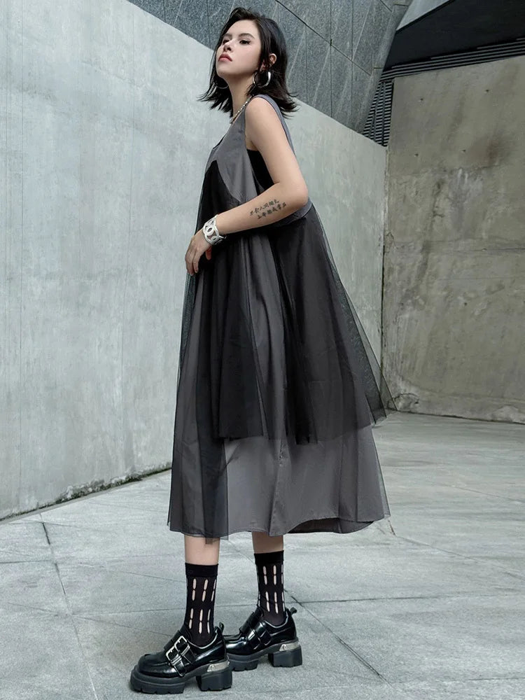 Blue Moon Fashion Gray Mesh Color-block Big Size Midi Vest Dress