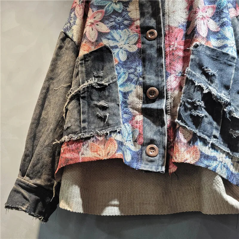 Blue Moon Fashion Knit Flower Print Spliced Denim Hooded Jacket