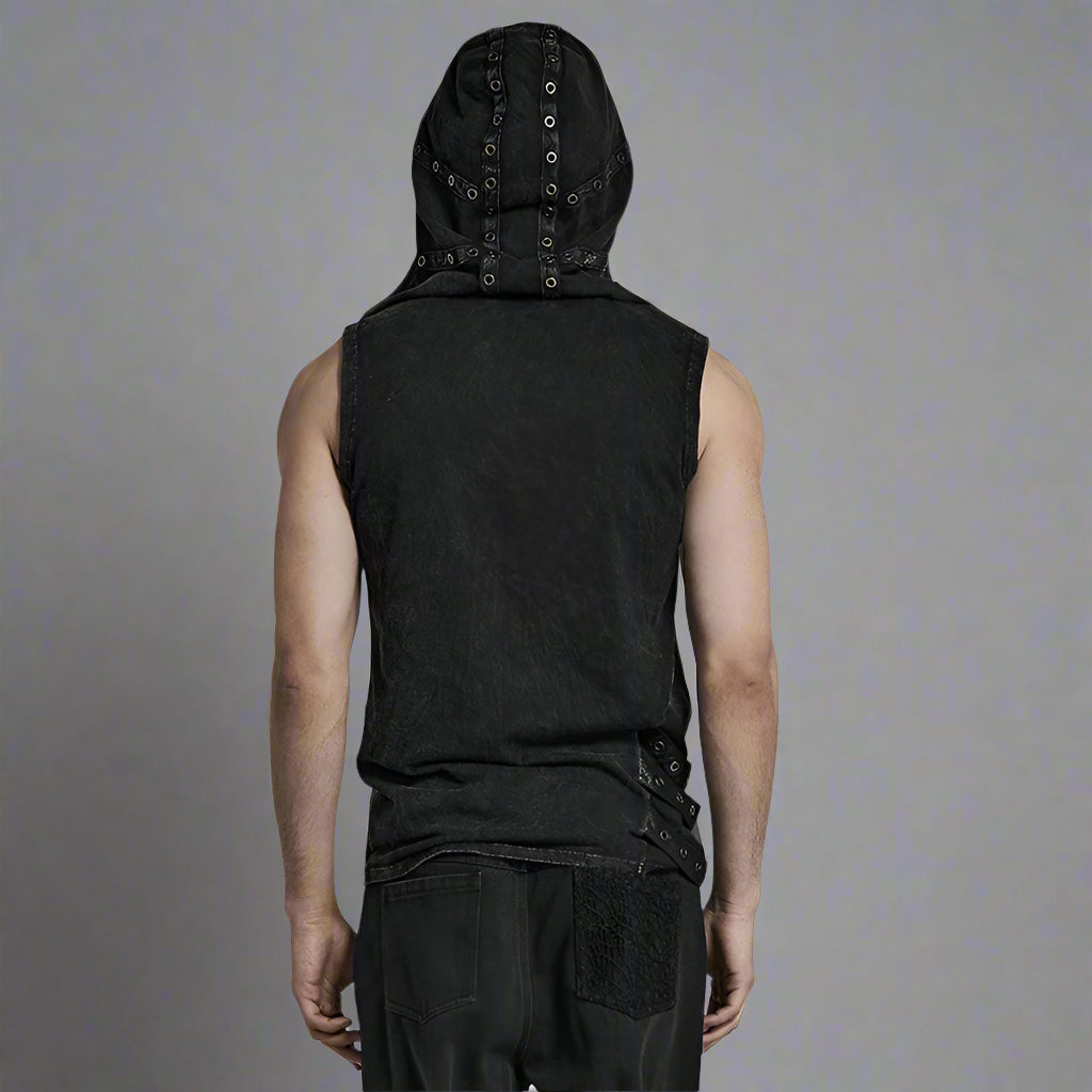 Men's Elastic Knitted Hooded Black Tank