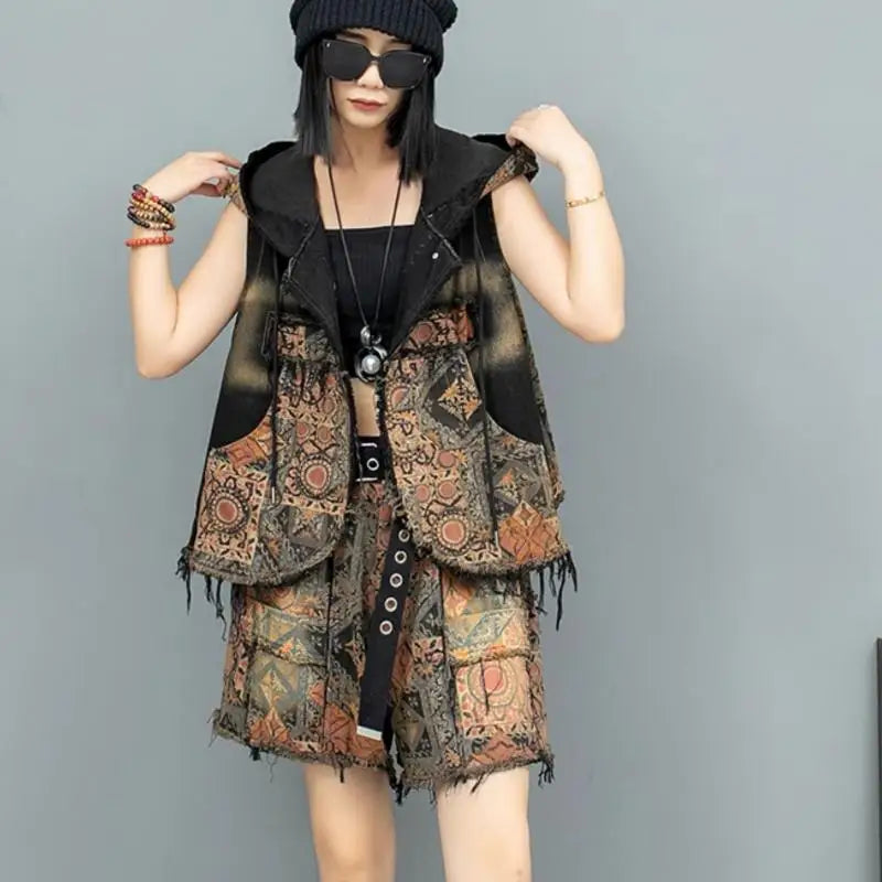 Blue Moon Fashion Women's Suit Personality Distressed Printed Denim Two-piece Set