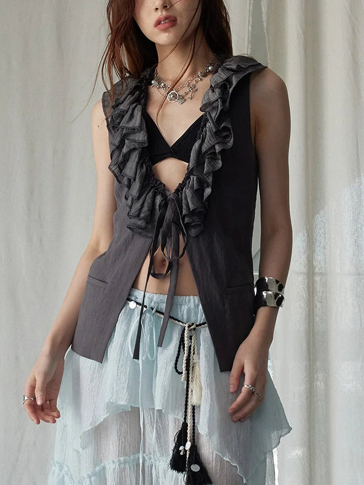 Gray Ruffles Vest & Skirt Set for Women | Blue Moon Fashion House