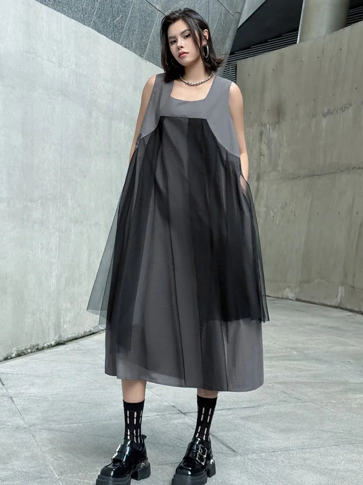 Blue Moon Fashion Gray Mesh Color-block Big Size Midi Vest Dress