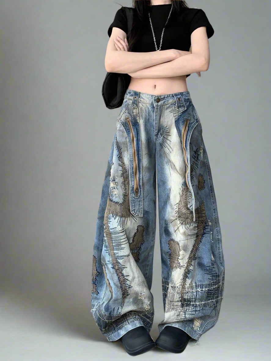 Blue Moon Fashion Loose Jeans High Waist Wide Leg Embroidery Distressed