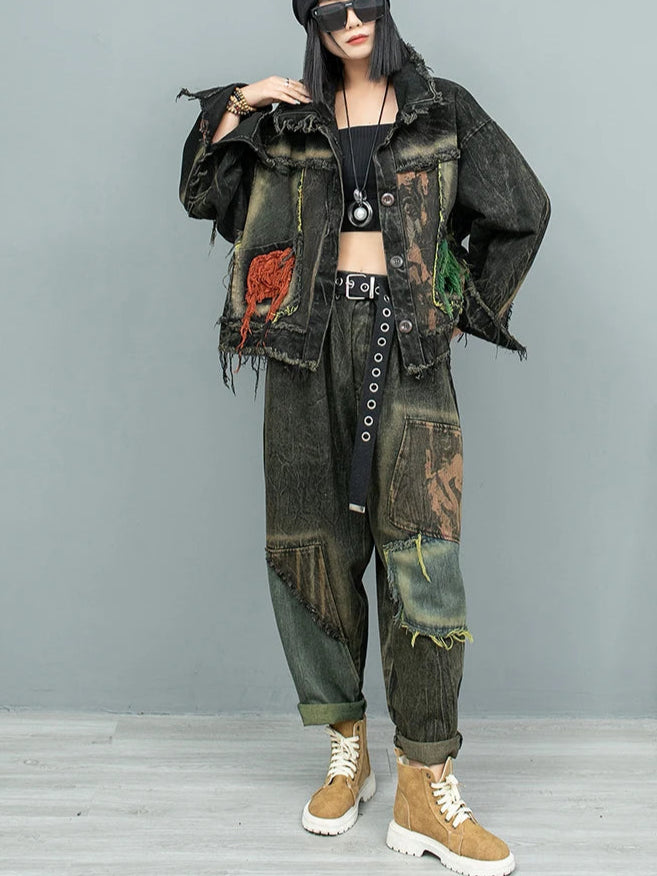 Blue Moon Fashion Denim Print Contrast Color HF Two-piece Set