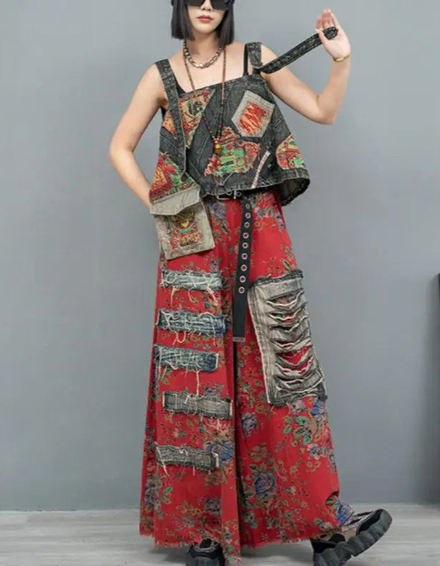 Blue Moon Fashion Vintage Style Printed Denim Vest Wide-leg Trousers Two-piece Set