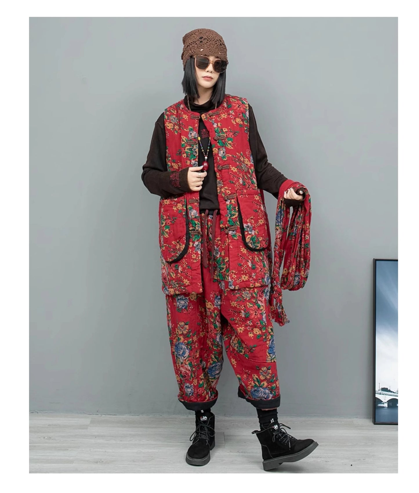 2PCS Chinese Style Floral Print Padded Clothing Set Plus Size Winter Thick Pants Suit Long Style Sleeveless Coat +Trousers