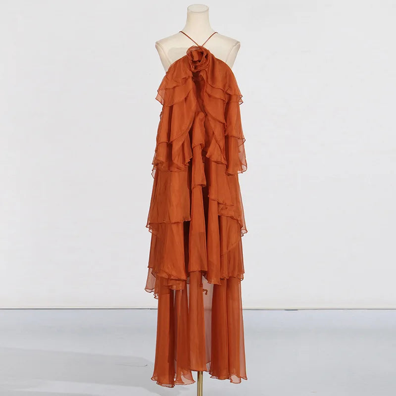 Flower Ruffles Backless Elegant Dress