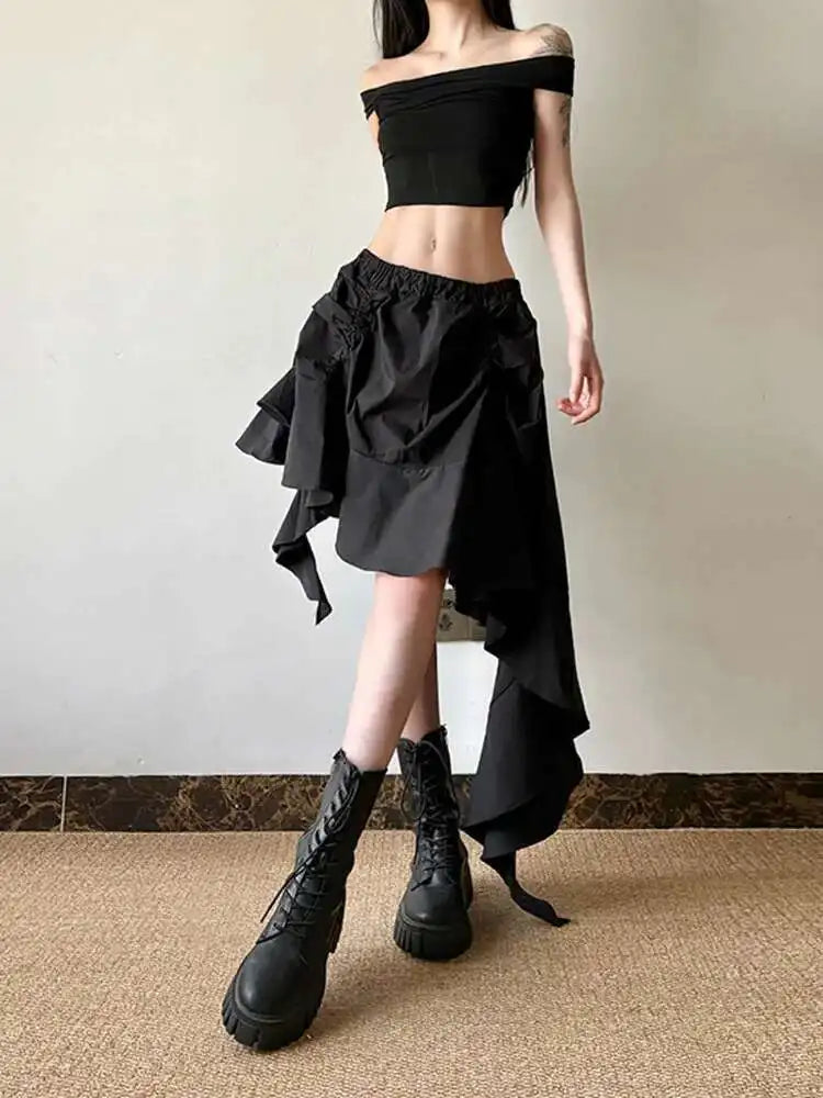 Black KN Irregular Design Ruffles Skirt